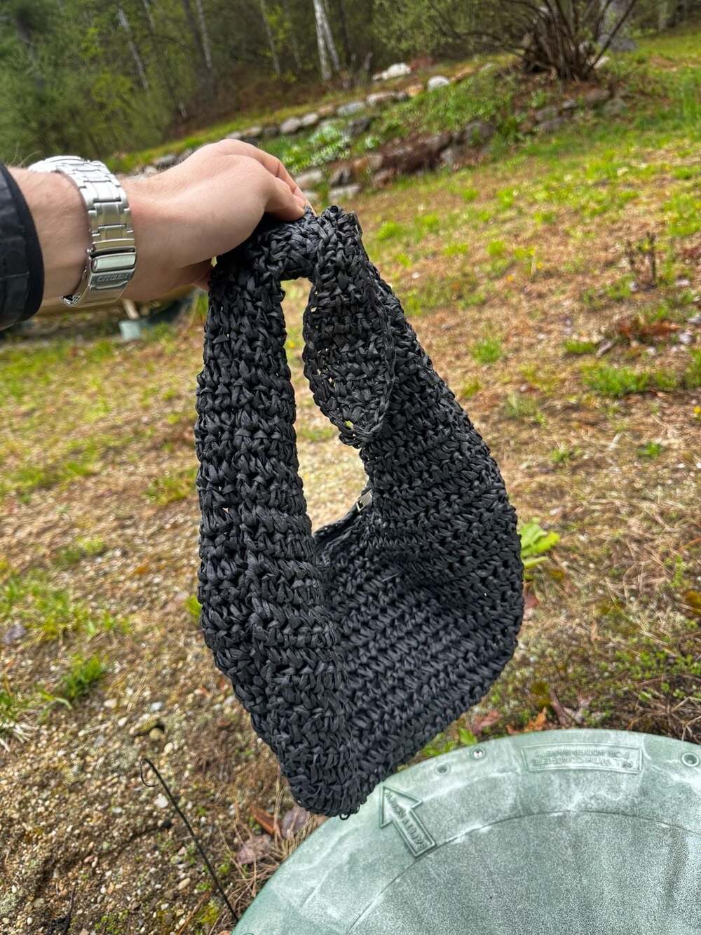 Haute Hippie Black Woven Straw Hobo Shoulder Bag